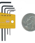 Mini L Key Short Arm Hex Set SAE 5 Piece with coin for size comparison, corrosion protected black finish, chamfered ends