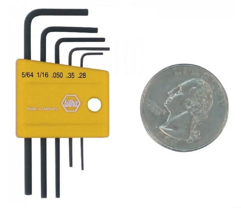 Mini L Key Short Arm Hex Set SAE 5 Piece with coin for size comparison, corrosion protected black finish, chamfered ends