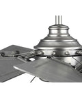 Chic Slick Farmhouse Ceiling Fan With A Tough Antique Nickel Finish And Massive Twelve Blade Windmill Design, close-up of housing and blade connections.