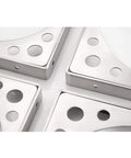 Heavy Duty Triangular Wall Bracket Stainless Steel Shelf Support Large Space Saving Desk Corbel No Sweat Setup For Dining Tables And Heavy Loads Wood Grain Finish. Close-up view of triangular steel brackets with circular holes.