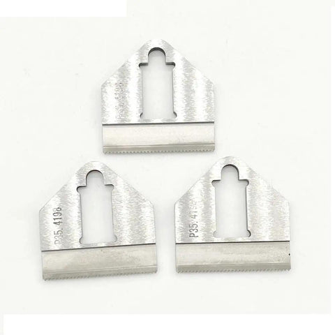 Three P331 Replacement Cutter Blades for Battery Powered Plastic Strapping Tool, sharp OEM quality cutting knives displayed