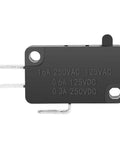 Side view of 125V To 250V SPDT Snap Action Micro Limit Switch Button, black compact body, metal connector pins, 1NO 1NC, 16A rating.