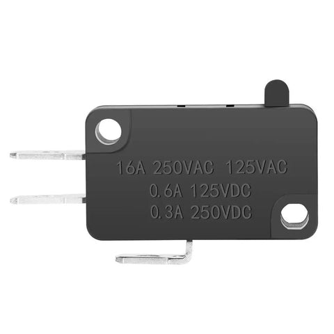 Side view of 125V To 250V SPDT Snap Action Micro Limit Switch Button, black compact body, metal connector pins, 1NO 1NC, 16A rating.