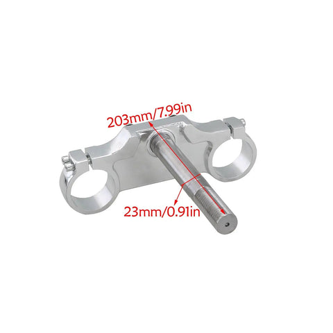 Triple Tree Clamp And Handlebar Riser Kit for Pit Bikes and Dirt Bikes, showing dimensions 203mm by 23mm, CNC machined aluminum.