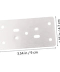 Close-up of a stainless steel hinge repair plate with dimensions from Six Piece Cabinet Hinge Repair Plates Kit With Screws Durable Furniture Fixing Plates For Quick Door Hinge Replacement And Easy DIY Installation On Cabinets And Home Furniture.