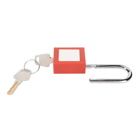 38mm Shackle Safety Padlock Lockout Tagout Lock With PVC Bag for industrial electrical equipment, keys attached, open view.