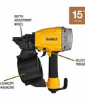 15 Degree Coil Framing Nailer DWF83C with depth adjustment wheel and high-capacity coil magazine, ergonomic design labeled