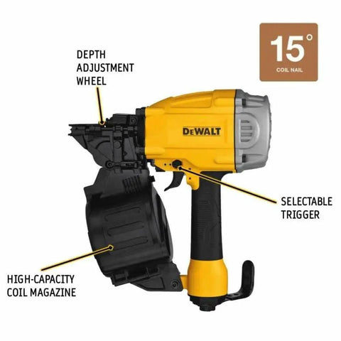 15 Degree Coil Framing Nailer DWF83C with depth adjustment wheel and high-capacity coil magazine, ergonomic design labeled