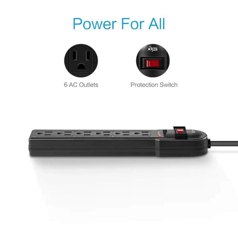 Black surge protector power strip with six outlets and protection switch, part of Six Outlet Surge Protector Power Strip With 735 Joules Of Surge Protection Overload Shield Two Foot Cord Multipack Of Ten For Home Office And Gaming Setup.