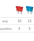 Top Shelf 16 Gauge In Line Automotive Fuse Holder Atc Ato Two Pack with 10 amp and 15 amp fuses displayed together.