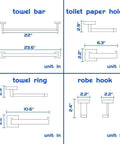Dimensions diagram of Square Polished Chrome Bathroom Accessories Set, 24-Inch Wall Mounted Towel Bar Kit with components