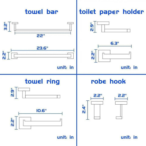 Dimensions diagram of Square Polished Chrome Bathroom Accessories Set, 24-Inch Wall Mounted Towel Bar Kit with components