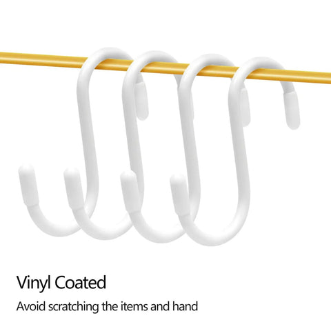 10 Pack 3 Inch S Hooks Heavy Duty Vinyl Coated Non Slip Hanging Hooks For Kitchen Closet Bathroom Garage Garden White Ideal For Utensils Towels Hangers Tools And A Quick Space Organization For Everyday Home Life In Humid Environments displayed on rail