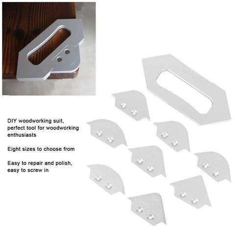 Shop Ready Router Table Corner Radius Jig Set Built Tough With Real Aluminum Alloy Includes Eight Chamfer Profile Templates R5 Through R40 For Clean Woodworking Cuts Zero Fuss Assembly, with multiple aluminum templates and jig.