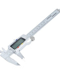 Digital Vernier Caliper with Large LCD Display, stainless steel design, close-up showing measurement jaws and digital readout.
