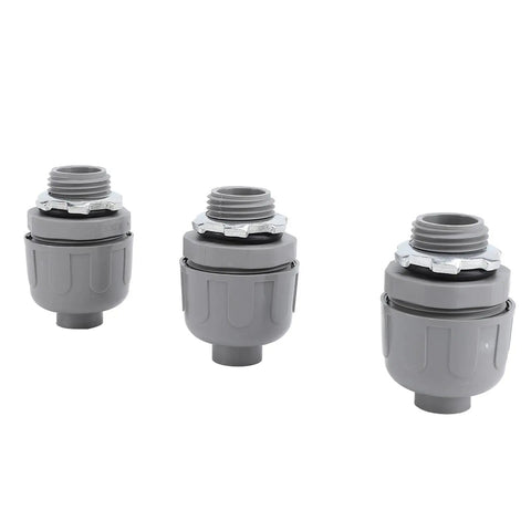 Battle Tough 10 Pack 1 Inch NPT Liquid Tight Conduit Connectors Heavy Duty Nylon Electrical Fittings displayed in three angles.