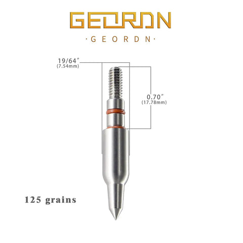 Stainless Steel Arrow Field Points Set Of 12 For Practice Arrows, 125 grain, 0.244 ID, 8 by 32 thread, close-up view.