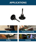 Front and side views of black sanding disc pad holder quick-change mandrel with 1/4 in shank for die grinder (2 pieces)