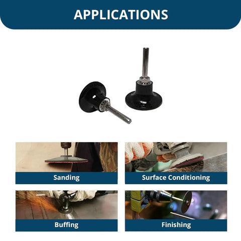 Front and side views of black sanding disc pad holder quick-change mandrel with 1/4 in shank for die grinder (2 pieces)
