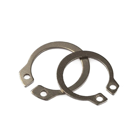 Close-up of two stainless steel C-type snap rings from Durable 304 Stainless Steel External Circlip Kit With 100 Pcs Assortment Of 8 To 18mm Shaft.