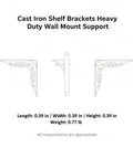 Diagram of Beefy Heavy Duty Cast Iron Shelf Brackets Wall Mount Support for Wood Shelves with dimensions and weight.
