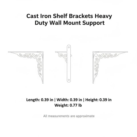 Diagram of Beefy Heavy Duty Cast Iron Shelf Brackets Wall Mount Support for Wood Shelves with dimensions and weight.