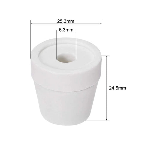 Front view: white ceramic tapered insulator bead with 6.3mm bore for heating wire; 25.3mm outer diameter, 24.5mm tall