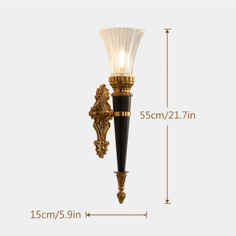 Top Grade Solid Copper Wall Sconce Light Fixture For Bedroom Hallway And Living Room Featuring Classic Antique Styling And Super Chill Ambiance To Straight Up Elevate Your Home Decor Vibe. 55cm tall sconce with clear glass shade and ornate detailing.