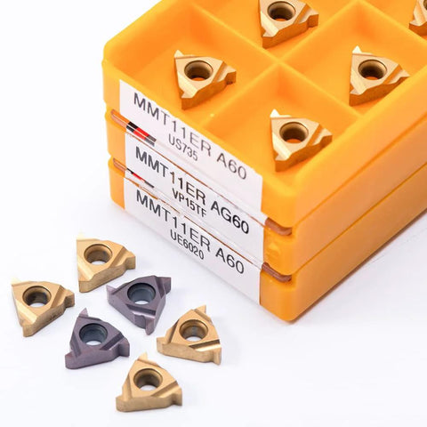 MMT 11ER AG60 US735 VP15F carbide inserts in orange storage case; front view.
