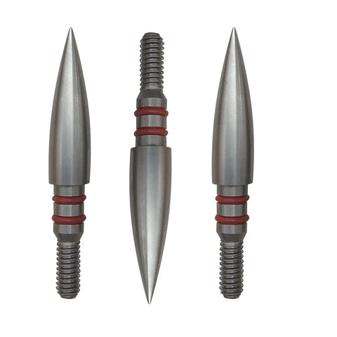 Close-up of stainless steel screw in field point arrowheads set for archery 100 125 150 200 300 grains, 12 pack with metal storage box