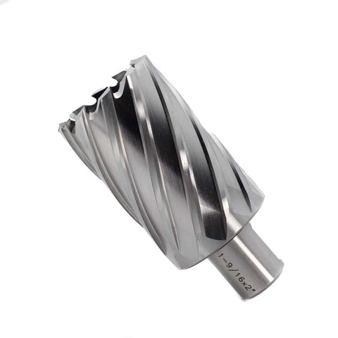 Close-up of OSCARBIDE annular cutter with Weldon shank, 1-9/16 in diameter, 2 in depth of cut