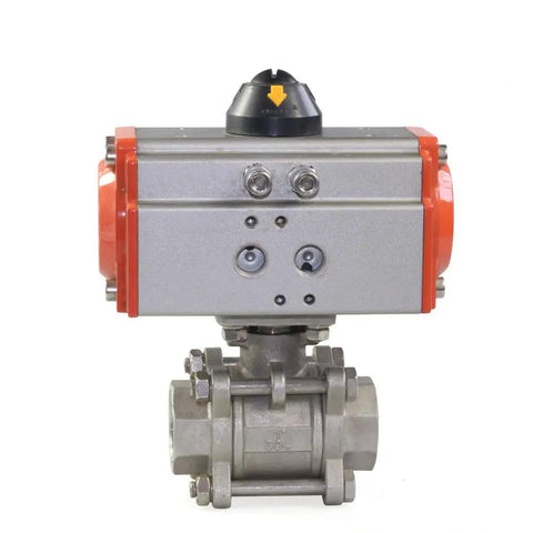 Front view of Three Quarter Inch Pneumatic Actuated Ball Valve Double Acting 3 Piece Stainless Steel Valve With PTFE Seats