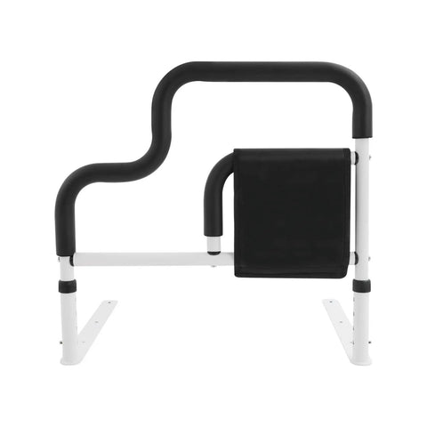 Heavy Duty Bed Rail With Handle And Pocket For Seniors, L Shaped Adjustable Safe Bedside Support, white steel frame with handle
