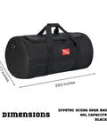 Mesh Scuba And Snorkeling Gear Bag Tough As Nails Heavy Duty Ventilated Duffel With Zippered Compartments And Adjustable Shoulder Strap Durable 600D Oxford Cloth For Saltwater Use Black, dimensions shown.