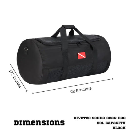 Mesh Scuba And Snorkeling Gear Bag Tough As Nails Heavy Duty Ventilated Duffel With Zippered Compartments And Adjustable Shoulder Strap Durable 600D Oxford Cloth For Saltwater Use Black, dimensions shown.