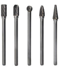 Set of five carbide burrs with 1/4-inch shanks; extended long double-cut tungsten carbide for die grinders.