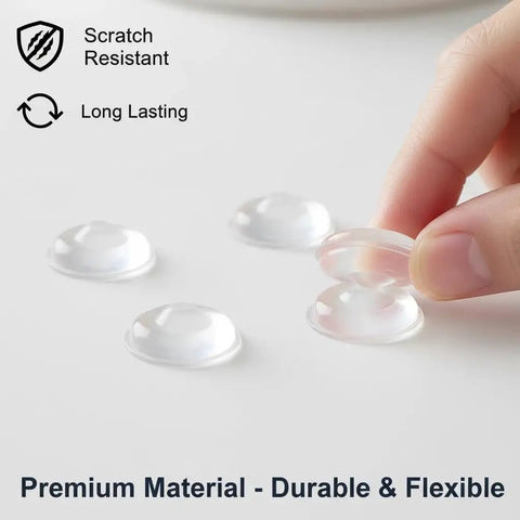 164 Pc Clear Silicone Cabinet Bumper Pads Self Adhesive Drawer Protectors Noise Reducing Stickers being placed by a hand.