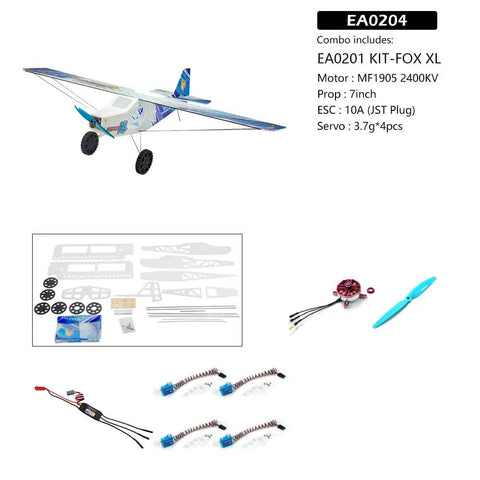 Fox XL 2025 RC Airplane Kit With 1030mm Wingspan Foam Airframe MF1905 2400KV Motor and parts display