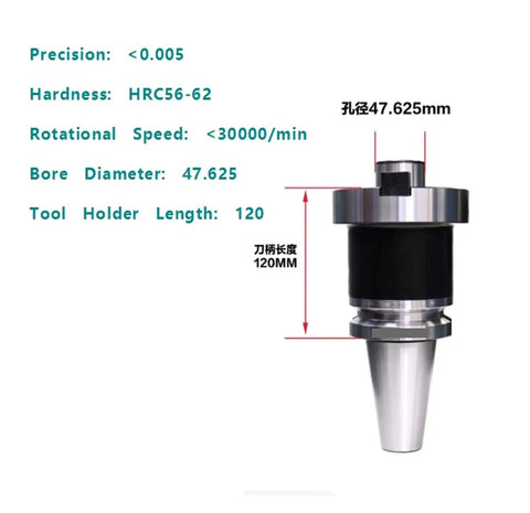 Heavy Duty CNC Milling Tool Holder Made From Rustproof Stainless Steel for precision machining, 120mm length, 47.625mm bore.