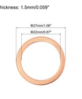 Hella Tough 52 Piece Flat Copper Washers 22 X 27 X 1.5 Mm Metric Sealing Crush Ring Gaskets, close-up view of copper washer with measurements.