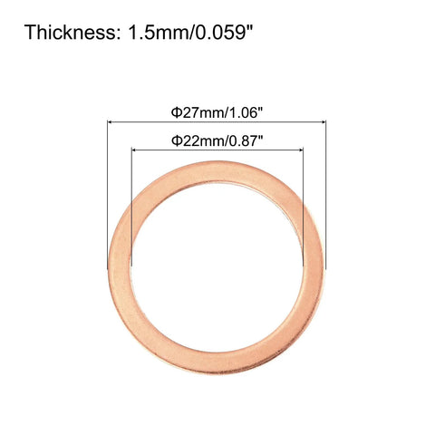 Hella Tough 52 Piece Flat Copper Washers 22 X 27 X 1.5 Mm Metric Sealing Crush Ring Gaskets, close-up view of copper washer with measurements.