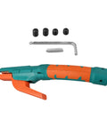 Durable 800 Amp Welding Stinger Electrode Clamp With Ergonomic Curved Handle, colorful grip, includes hardware for assembly.