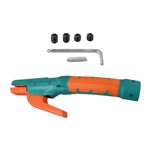 Durable 800 Amp Welding Stinger Electrode Clamp With Ergonomic Curved Handle, colorful grip, includes hardware for assembly.