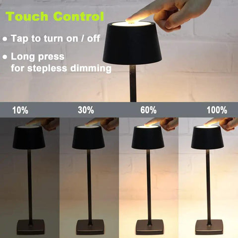 Cordless Table Lamp With 6000mAh Battery IP54 Waterproof All Aluminum Body Touch Dimming Warm Light For Indoors Or Outdoors In Homes Restaurants Buffets Bars Cafes Black demonstrating touch control and dimming settings