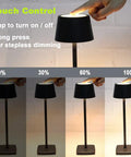 Cordless Table Lamps With 5200mAh Battery IP54 Waterproof Aluminum Alloy Touch Dimming Indoor Outdoor Use For Restaurants Buffets Bars Cafes Gold Long Lasting Battery Life For All Day Use Patio Ready showing touch control and dimming levels