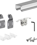 Sliding Closet Door Hardware Kit With 47 Inch Double Track For Two Bypass Doors Up To 100 Lbs Per Door Ceiling Mounted Top Hung Track Cut To Fit Five Eighths To One And A Half Inch Doors In Silver Finish components including track, rollers, and screws.