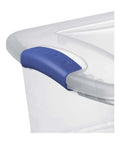 Detail of the blue snap top of a Four Pack 15 Quart Storage Bins With Hella Sturdy Snap Tops And Crystal Clear Lids.