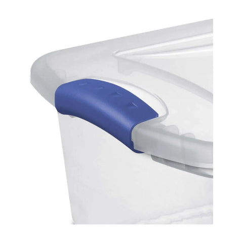 Detail of the blue snap top of a Four Pack 15 Quart Storage Bins With Hella Sturdy Snap Tops And Crystal Clear Lids.