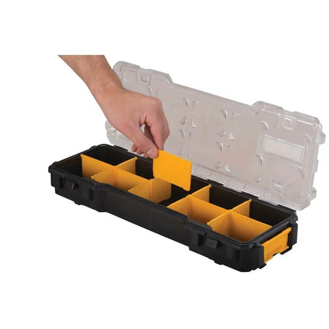 Hand adjusting divider in 10 Compartment Pro Organizer With Removable Dividers, Durable Polycarbonate Lid, Side Latches For Stackable Storage
