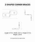Diagram of 10-Pack Z Shaped Corner Braces for Picture Frames and Furniture, Chrome Plated Steel Right Angle Connectors, showing measurements.